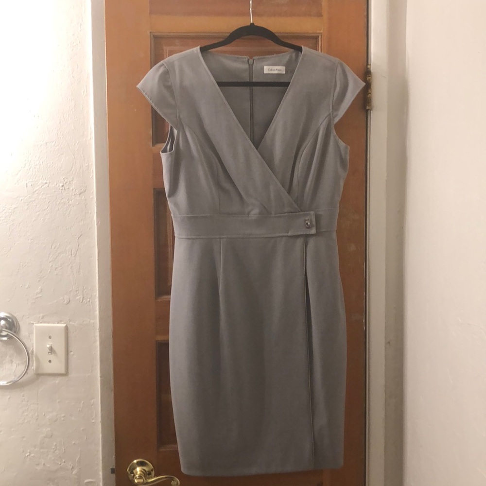 Soft grey Calvin Klein sheath dress.